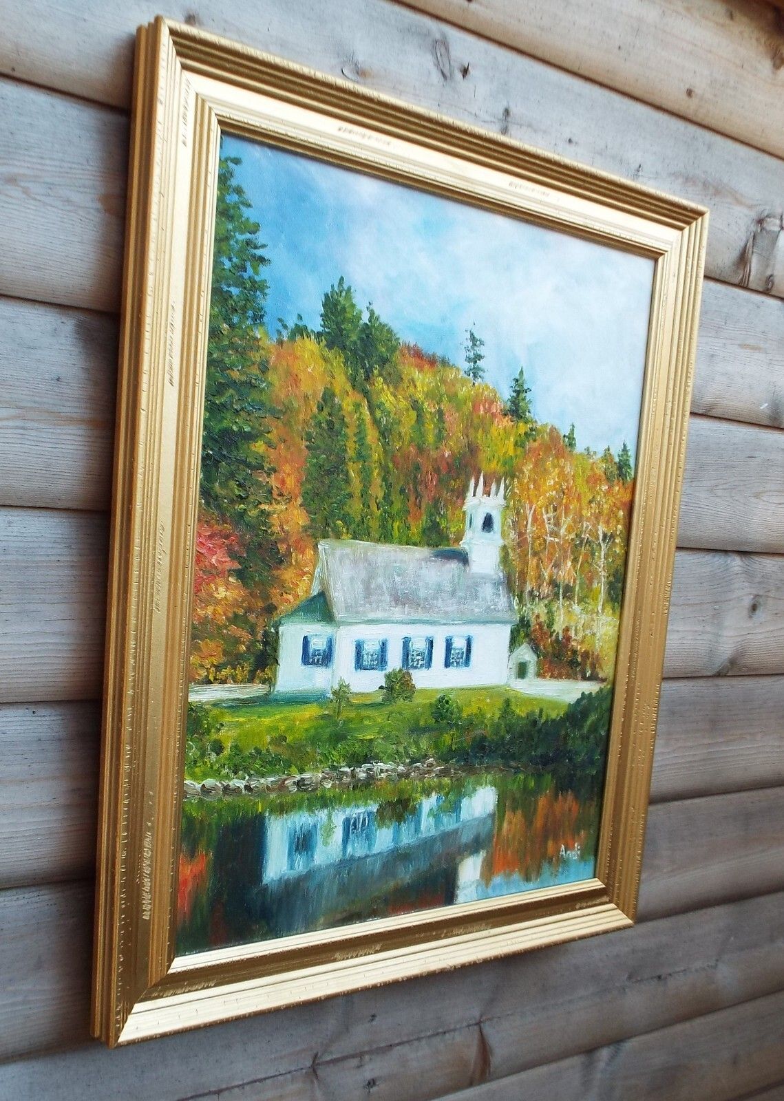 Vermont Church Autumn Forest Landscape Oil Painting Signed Framed Andi J Lucas photo buy