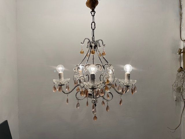 Pink Murano Glass Crystal Beaded Chandelier 1960’s photo vintage