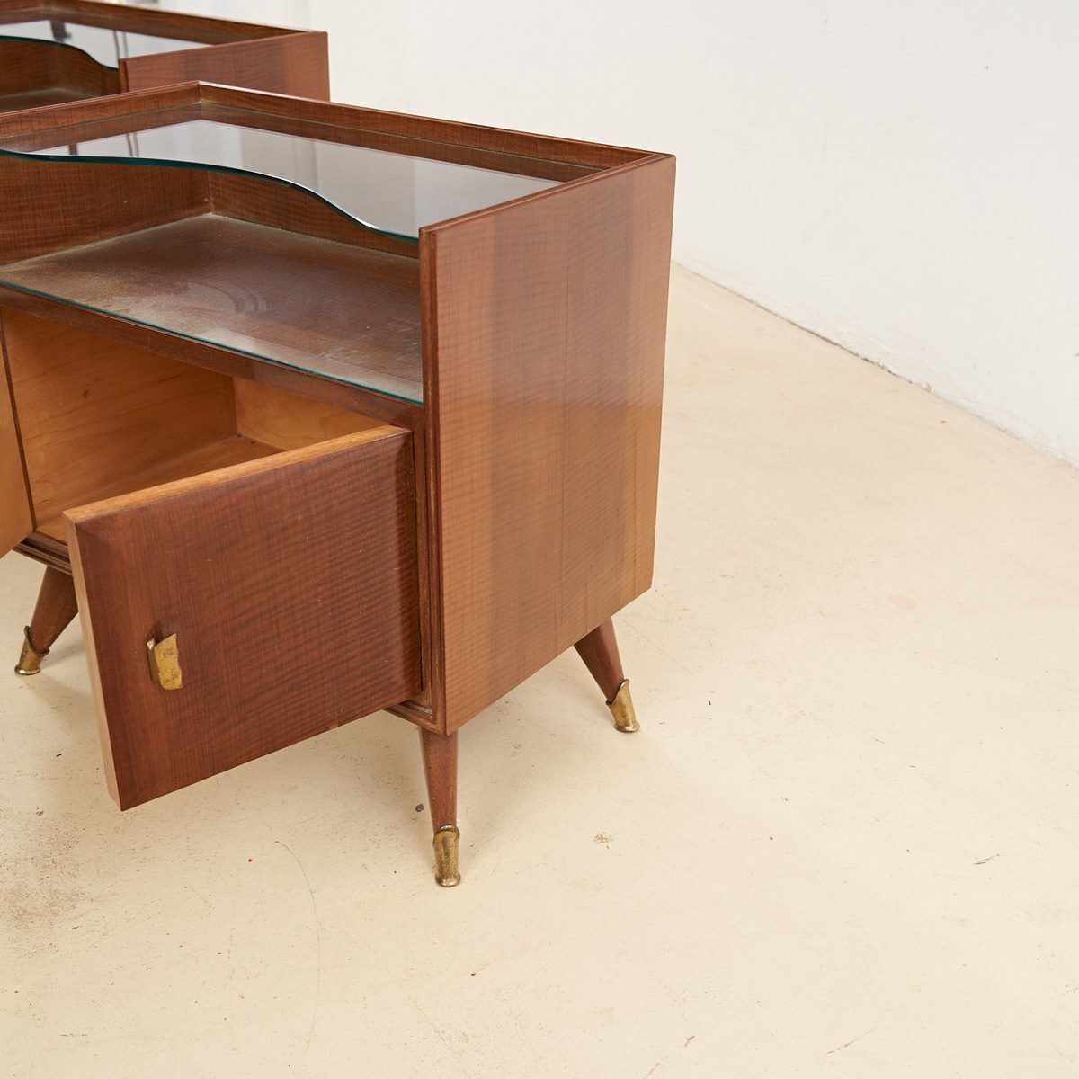 Pair Of Wooden Bedside Tables With Glass Shelf From The 50s photo 1286.0