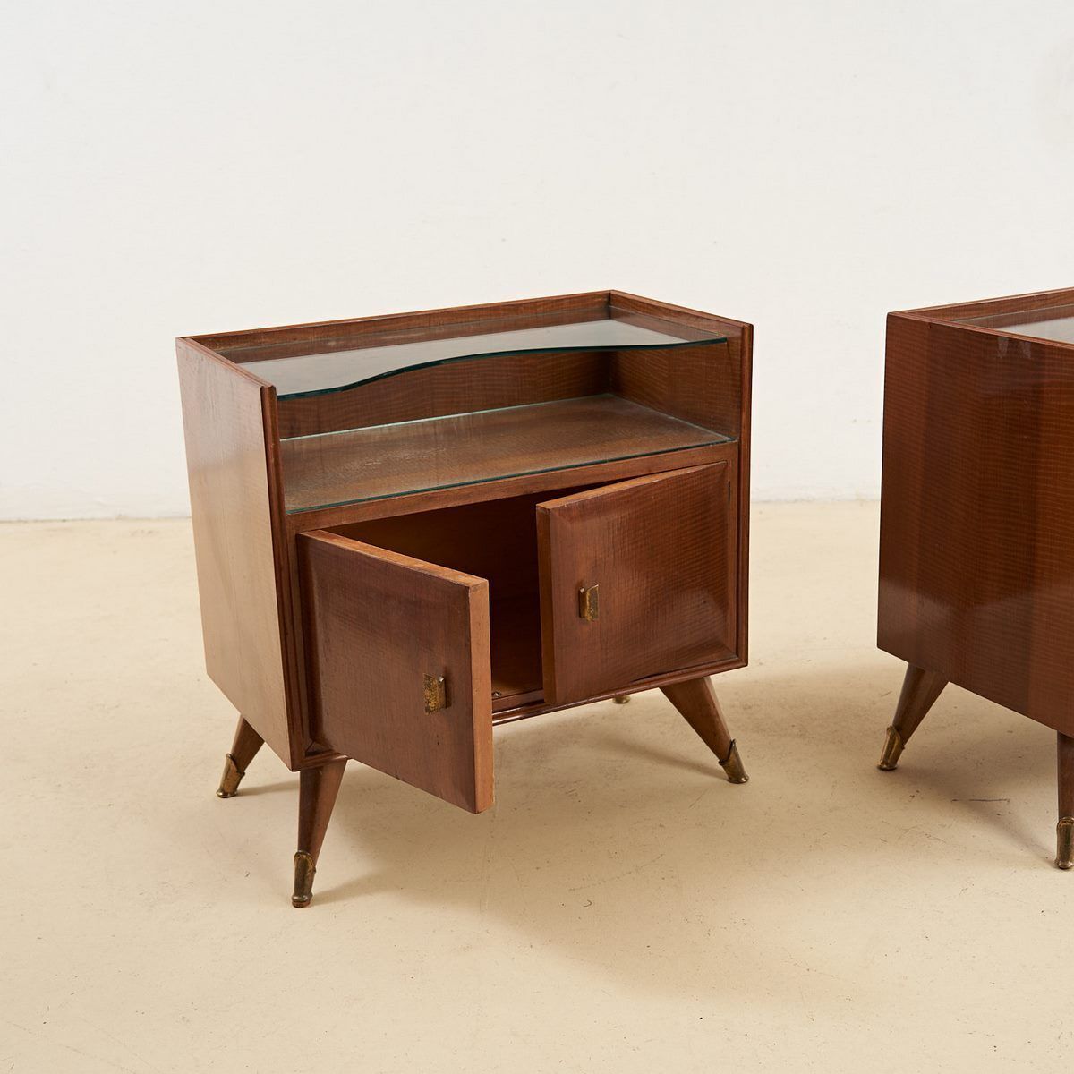 Pair Of Wooden Bedside Tables With Glass Shelf From The 50s photo vinterior