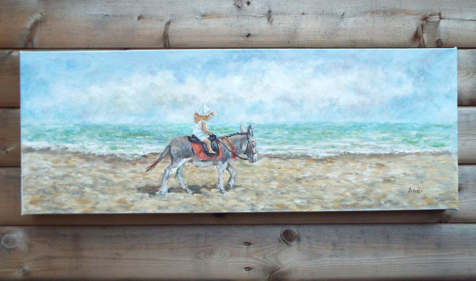Original Signed Painting Donkey & Child On Beach Seascape  30x80cm Andi J Lucas