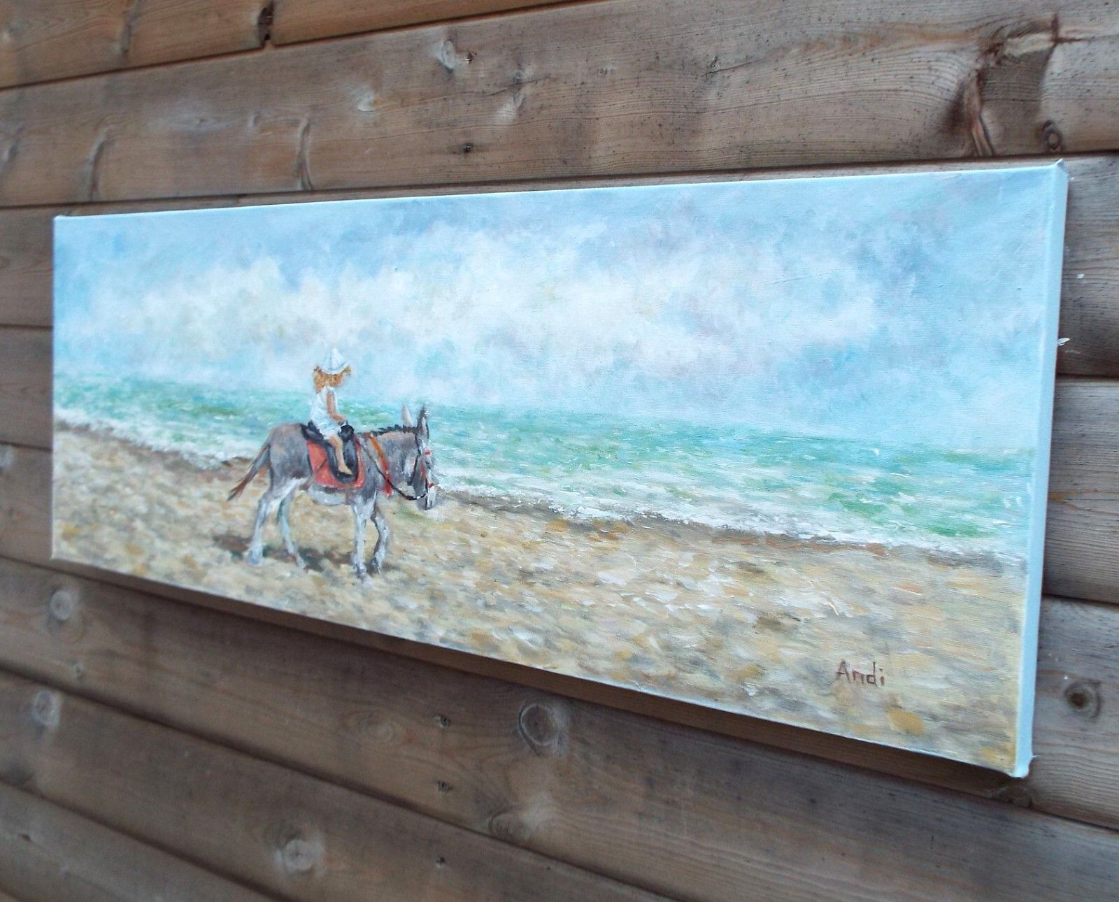 Original Signed Painting Donkey & Child On Beach Seascape  30x80cm Andi J Lucas photo furniture