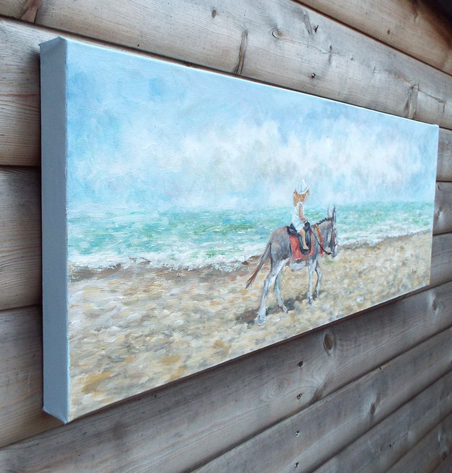 Original Signed Painting Donkey & Child On Beach Seascape  30x80cm Andi J Lucas photo for sale
