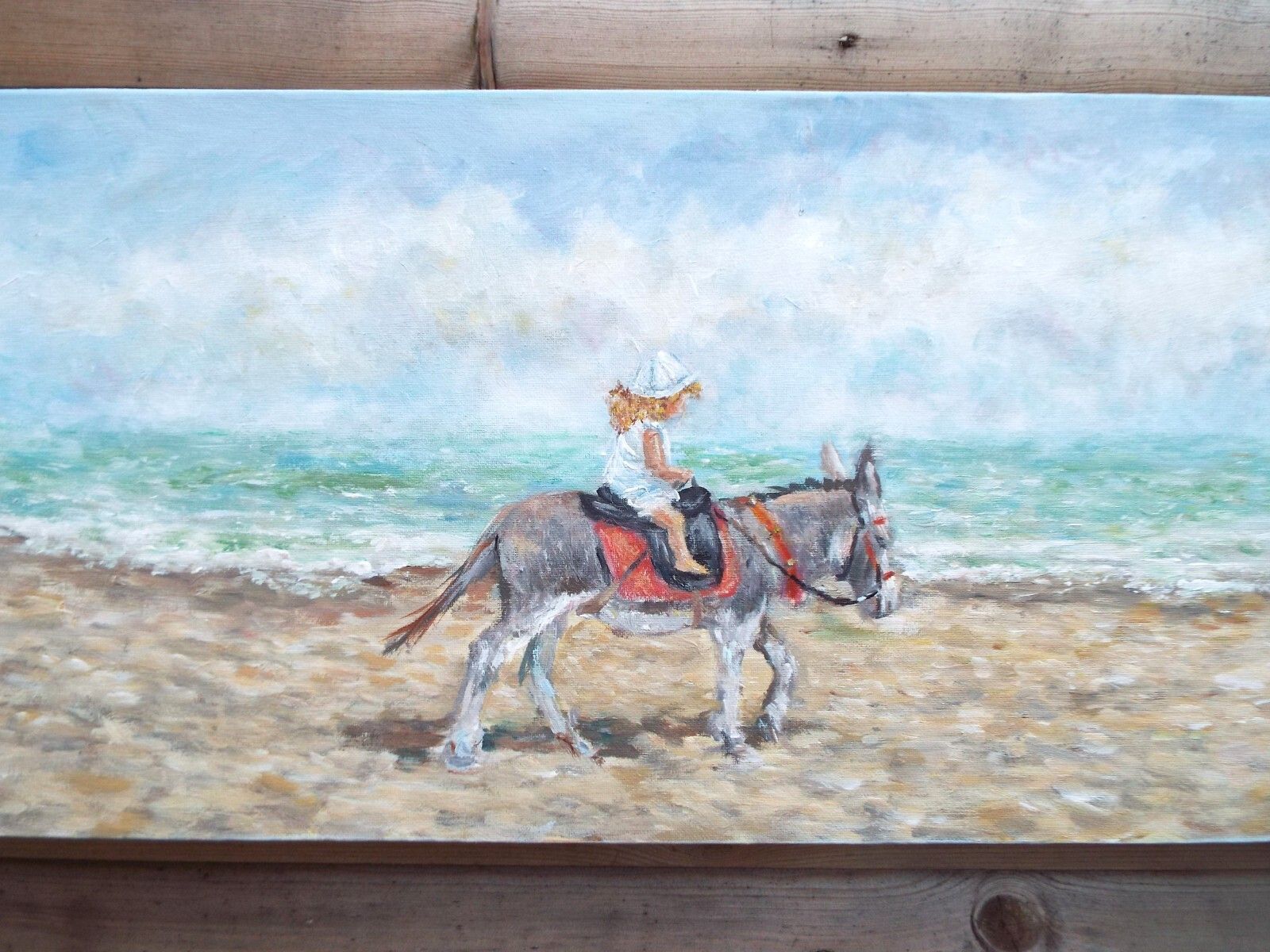 Original Signed Painting Donkey & Child On Beach Seascape  30x80cm Andi J Lucas photo Art