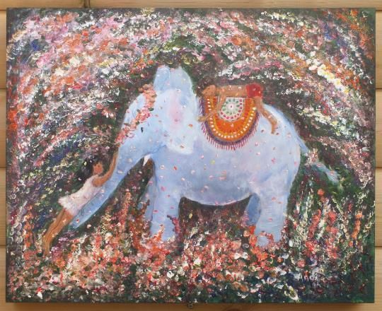 Cute Indian Elephant And Children Playing Large Original Painting Andi J Lucas