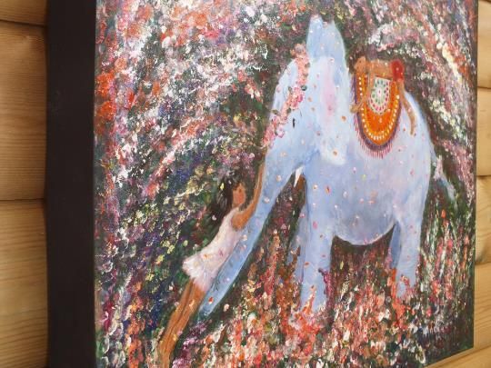 Cute Indian Elephant And Children Playing Large Original Painting Andi J Lucas photo Art
