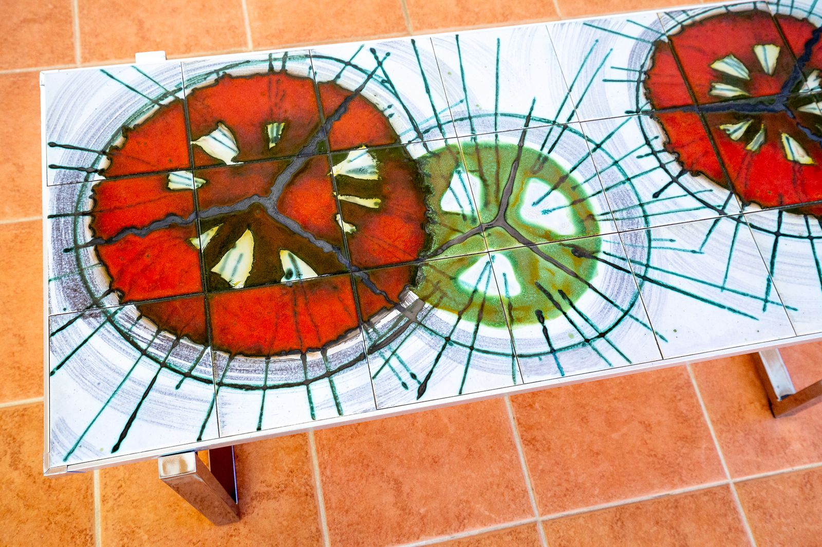 Large Mid Century Signed Belgian Coffee Table By De Nisco Chrome Ceramic Fat Lava Tile 1970s Mcm Artistic Bohemian Belgium Denisco Colourful Vintage photo for sale