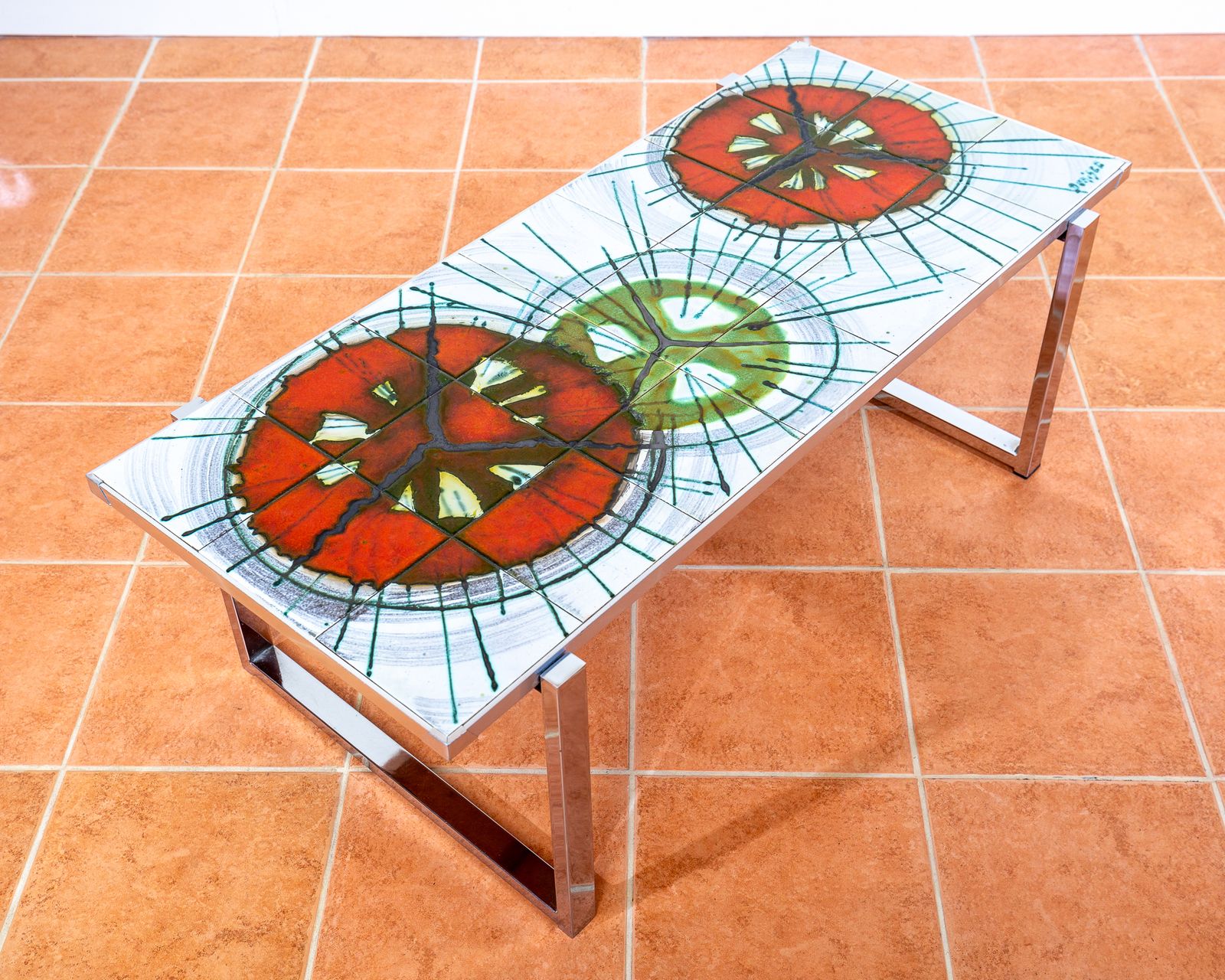 photo for sale Large Mid Century Signed Belgian Coffee Table By De Nisco Chrome Ceramic Fat Lava Tile 1970s Mcm Artistic Bohemian Belgium Denisco Colourful Vintage