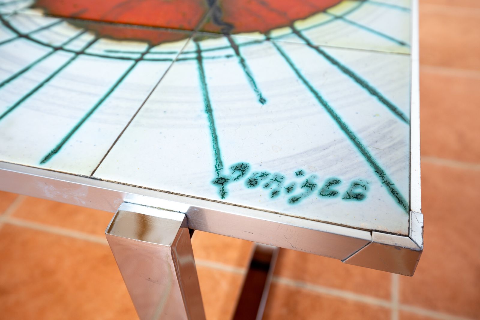 Large Mid Century Signed Belgian Coffee Table By De Nisco Chrome Ceramic Fat Lava Tile 1970s Mcm Artistic Bohemian Belgium Denisco Colourful Vintage photo furniture
