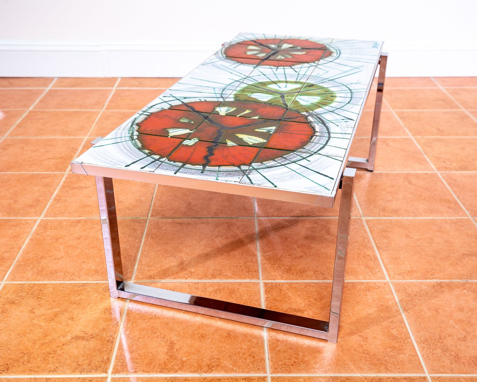 Large Mid Century Signed Belgian Coffee Table By De Nisco Chrome Ceramic Fat Lava Tile 1970s Mcm Artistic Bohemian Belgium Denisco Colourful Vintage photo 1650.0