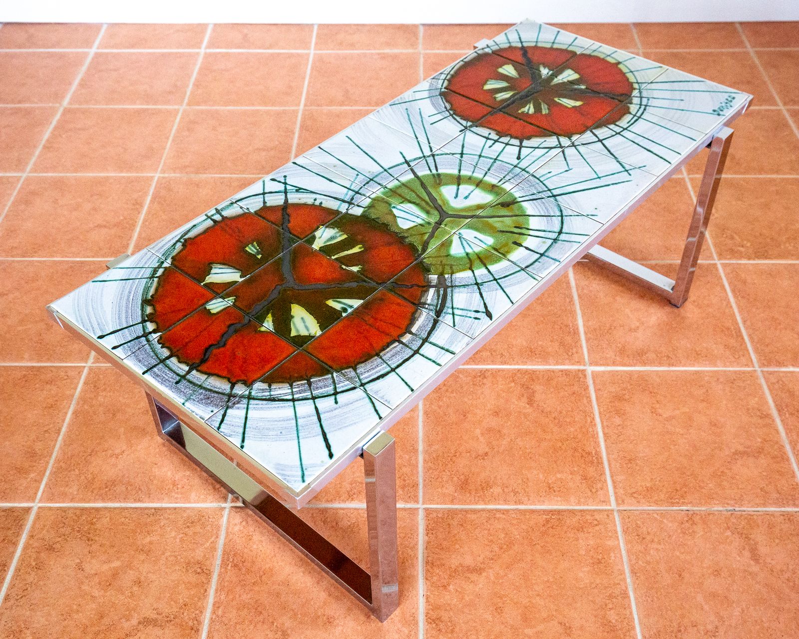 photo vinterior Large Mid Century Signed Belgian Coffee Table By De Nisco Chrome Ceramic Fat Lava Tile 1970s Mcm Artistic Bohemian Belgium Denisco Colourful Vintage