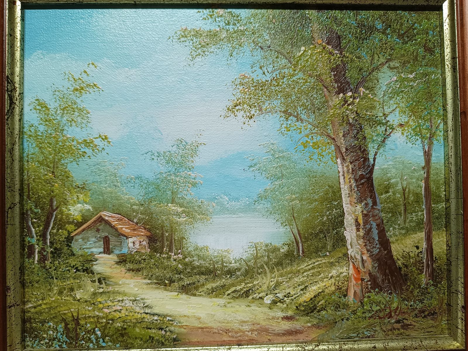 photo furniture Decorative Oil Painting Mountain Lakeside Cabin Vista Framed In Wooden Frame.
