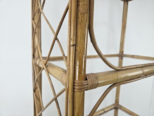 Furniture Wicker And Bamboo Bookcase With Glass Shelves, 1970s photo