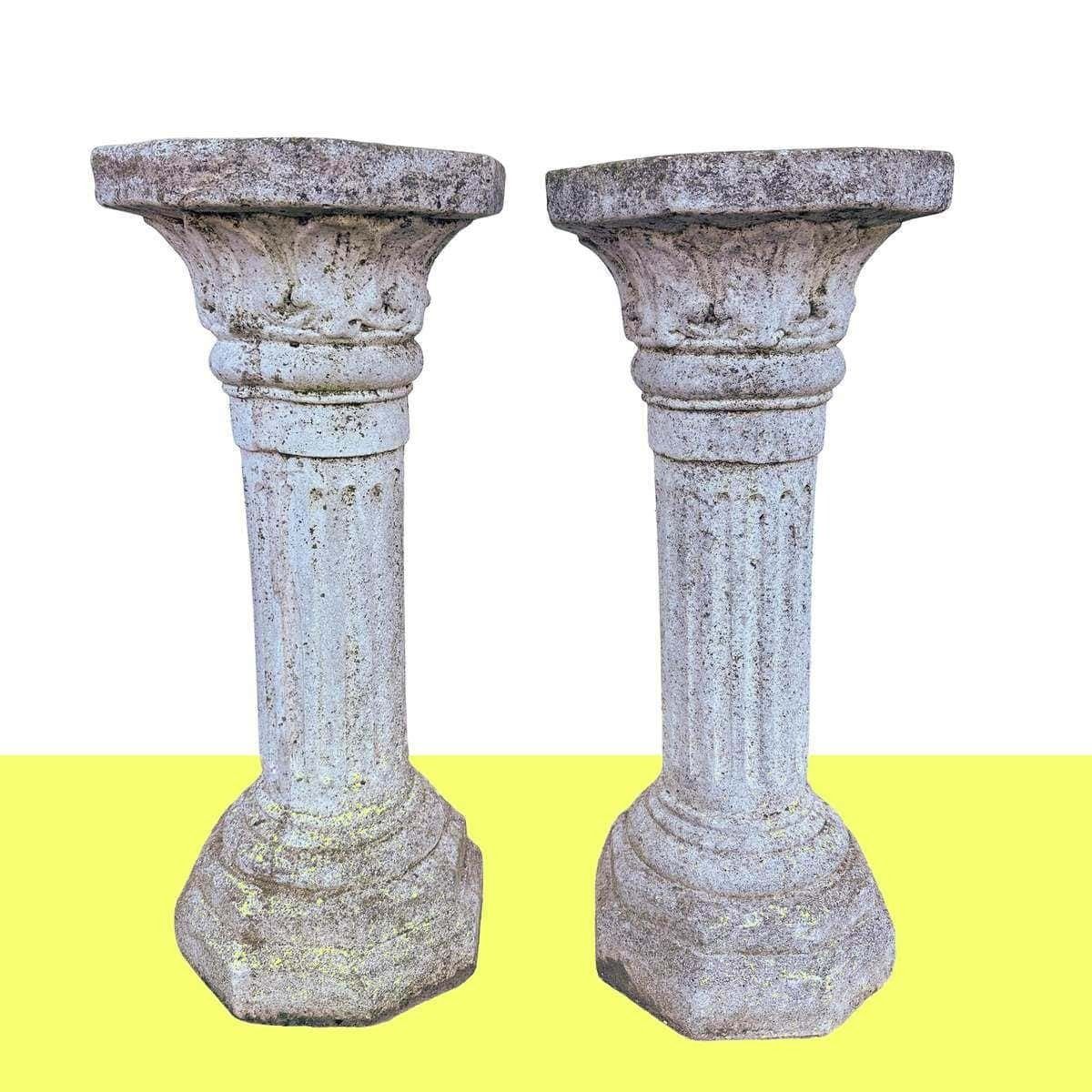 Pair Of Classic Twin Stone Columns, Perfect For Roman Style Entrances Or Gardens.