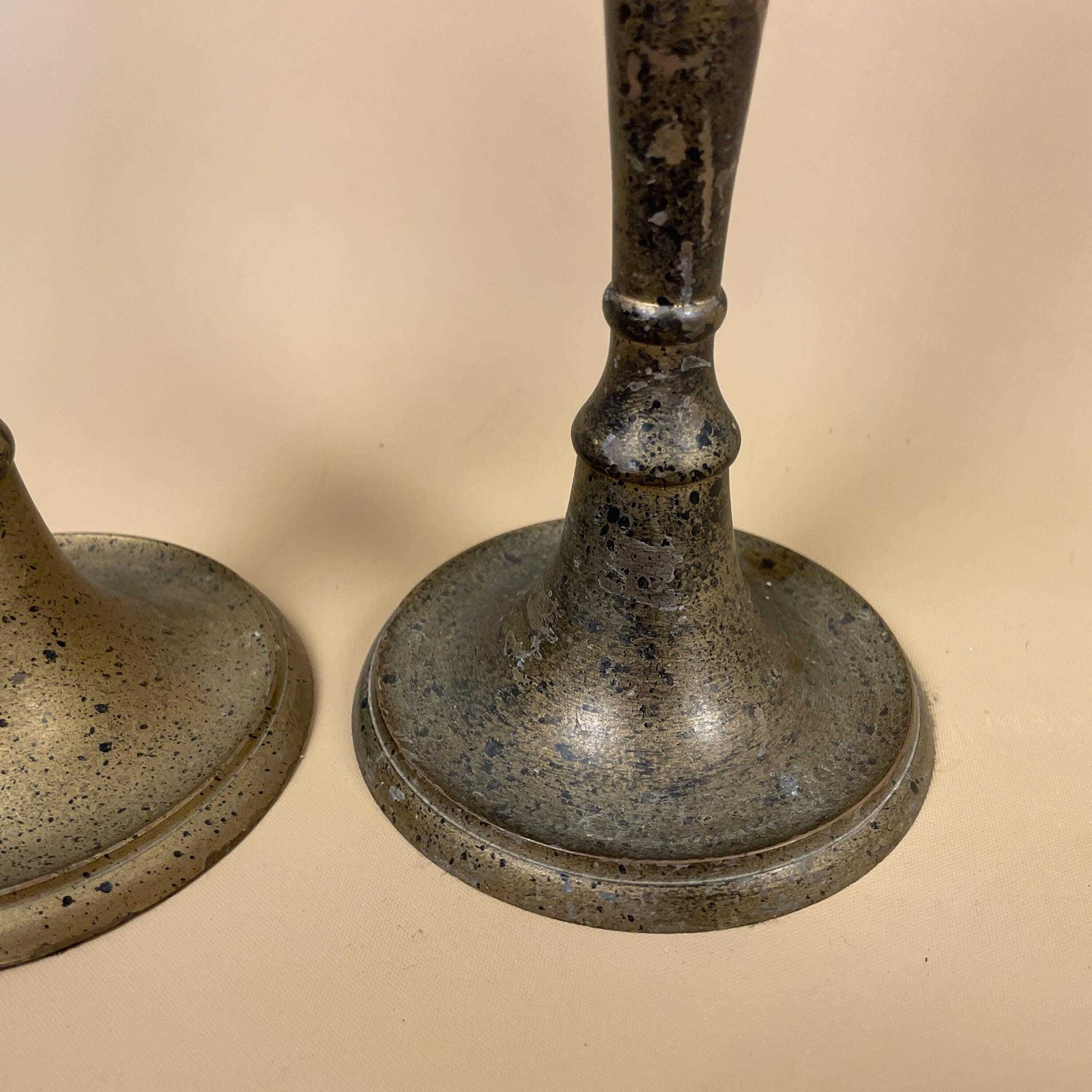 Antique Pair Of Gold Brass Metal Painted Black Speckled Effect Candlestick Candle Stick Vintage Column Taper Dinner Candlesticks Table photo Home Decor