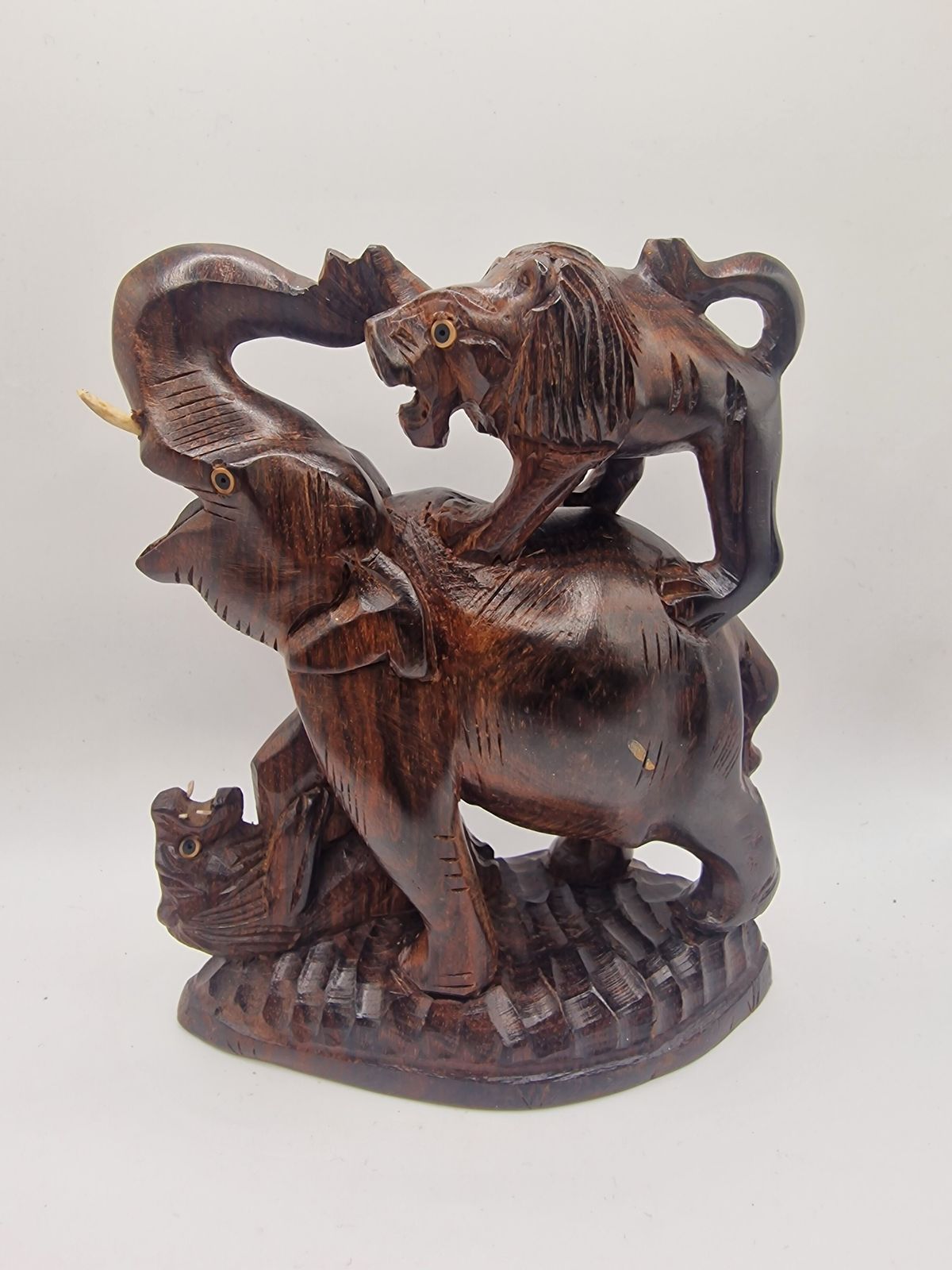 Mid Century Hand Carved Rosewood Elephant & Lion Sculpture – Made In India
