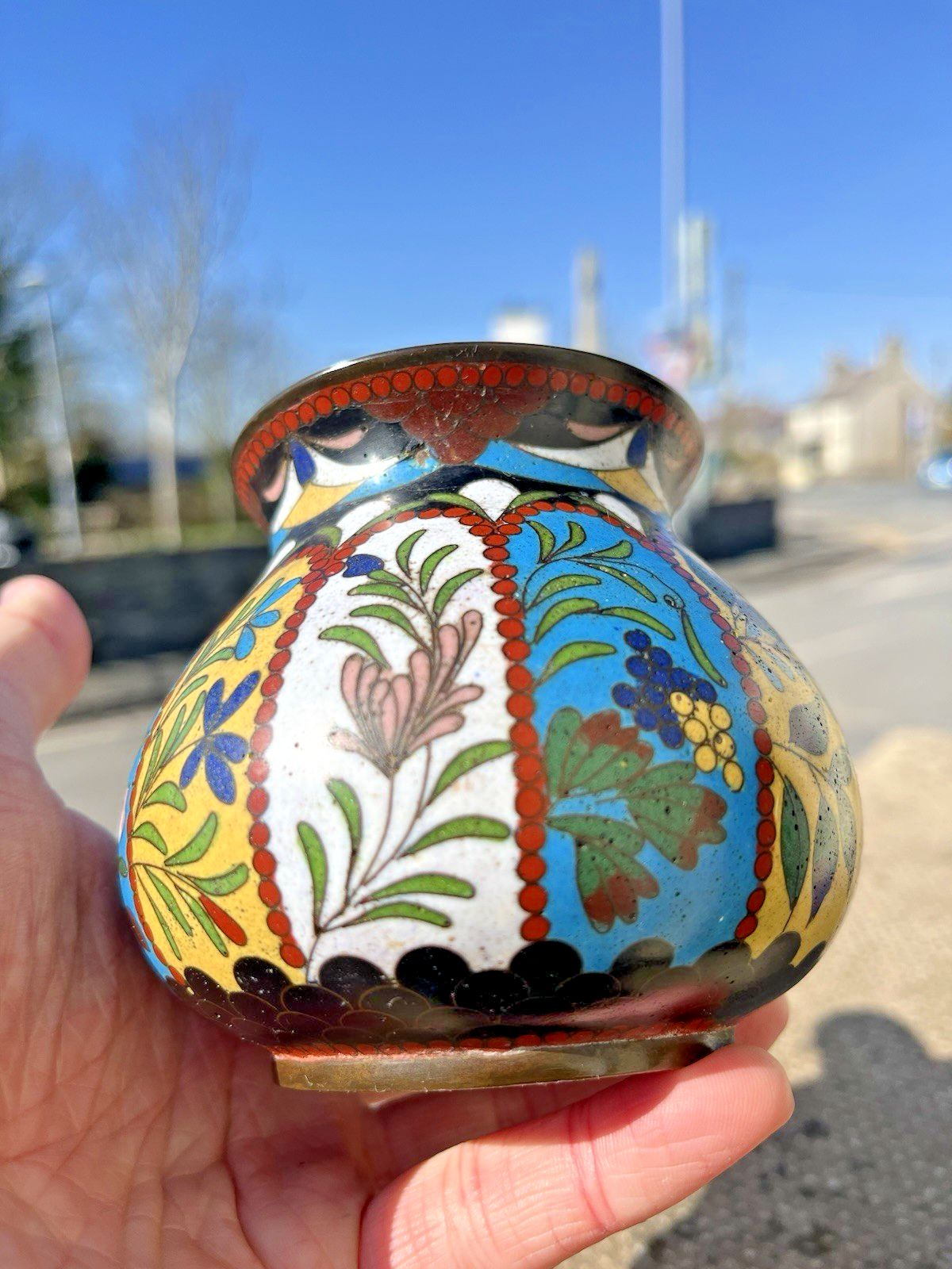 photo for sale Beautiful Antique Art Deco Cloisonne Enamel Floral Squat Vase Japanese Chinese