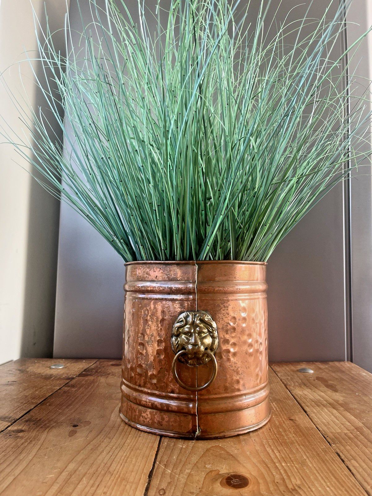Vintage Copper Planter Plant Pot Lions Head Brass Handles Champagne Ice Bucket photo vinterior