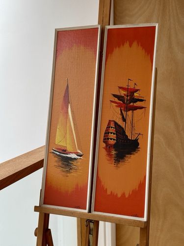 2 Framed Mid Century Paintings Of Boats At Sunset By L. C. Collier photo furniture
