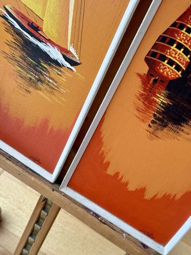 2 Framed Mid Century Paintings Of Boats At Sunset By L. C. Collier photo vintage