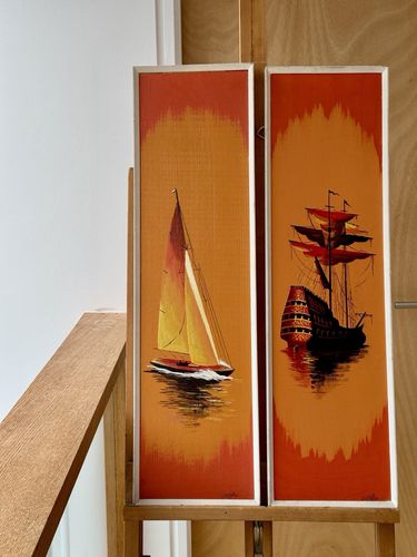 photo furniture 2 Framed Mid Century Paintings Of Boats At Sunset By L. C. Collier