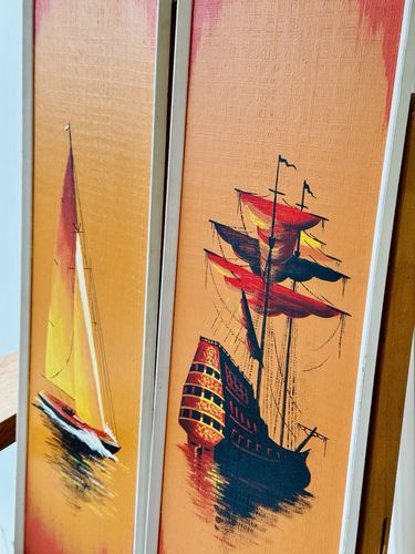 photo for sale 2 Framed Mid Century Paintings Of Boats At Sunset By L. C. Collier