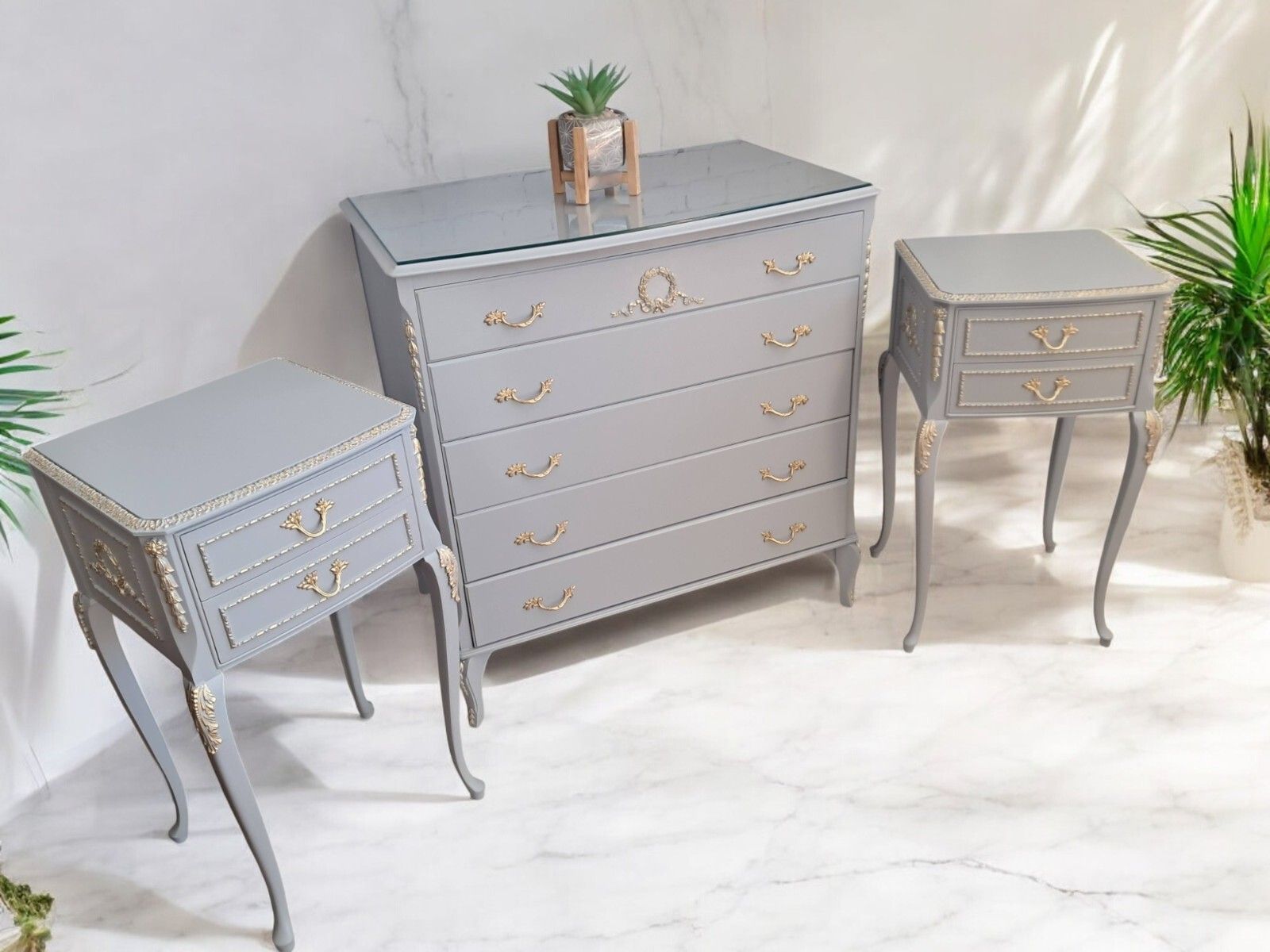 French Louis XV Chest Of Drawers + Pair Bedside Cabinets Grey Gold Painted photo furniture