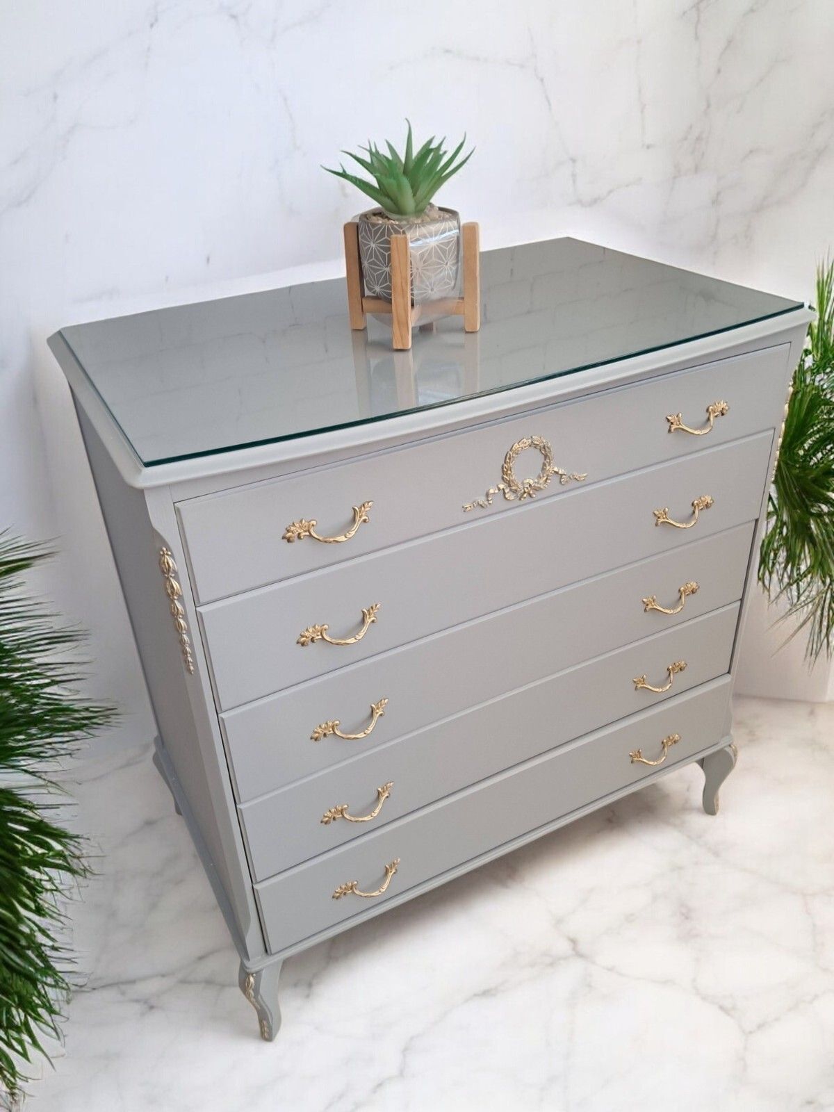photo furniture French Louis XV Chest Of Drawers + Pair Bedside Cabinets Grey Gold Painted