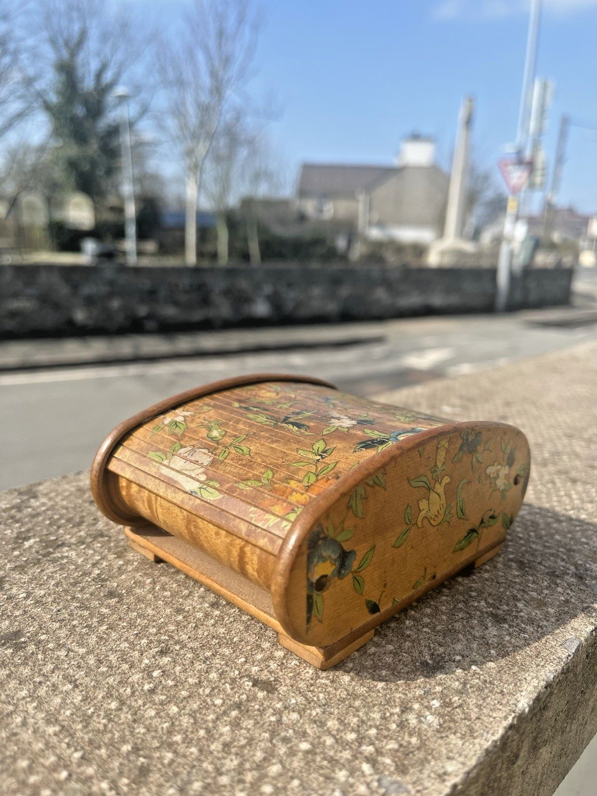 Antique Art Deco Wooden Tambour Rolltop Handpainted Floral Sliding Lid Box Treen photo vintage