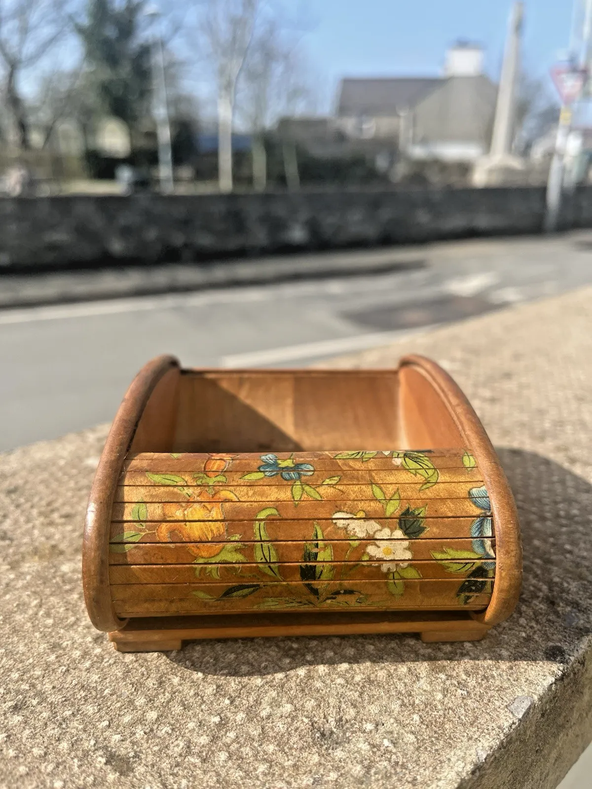 65.0 Antique Art Deco Wooden Tambour Rolltop Handpainted Floral Sliding Lid Box Treen photo