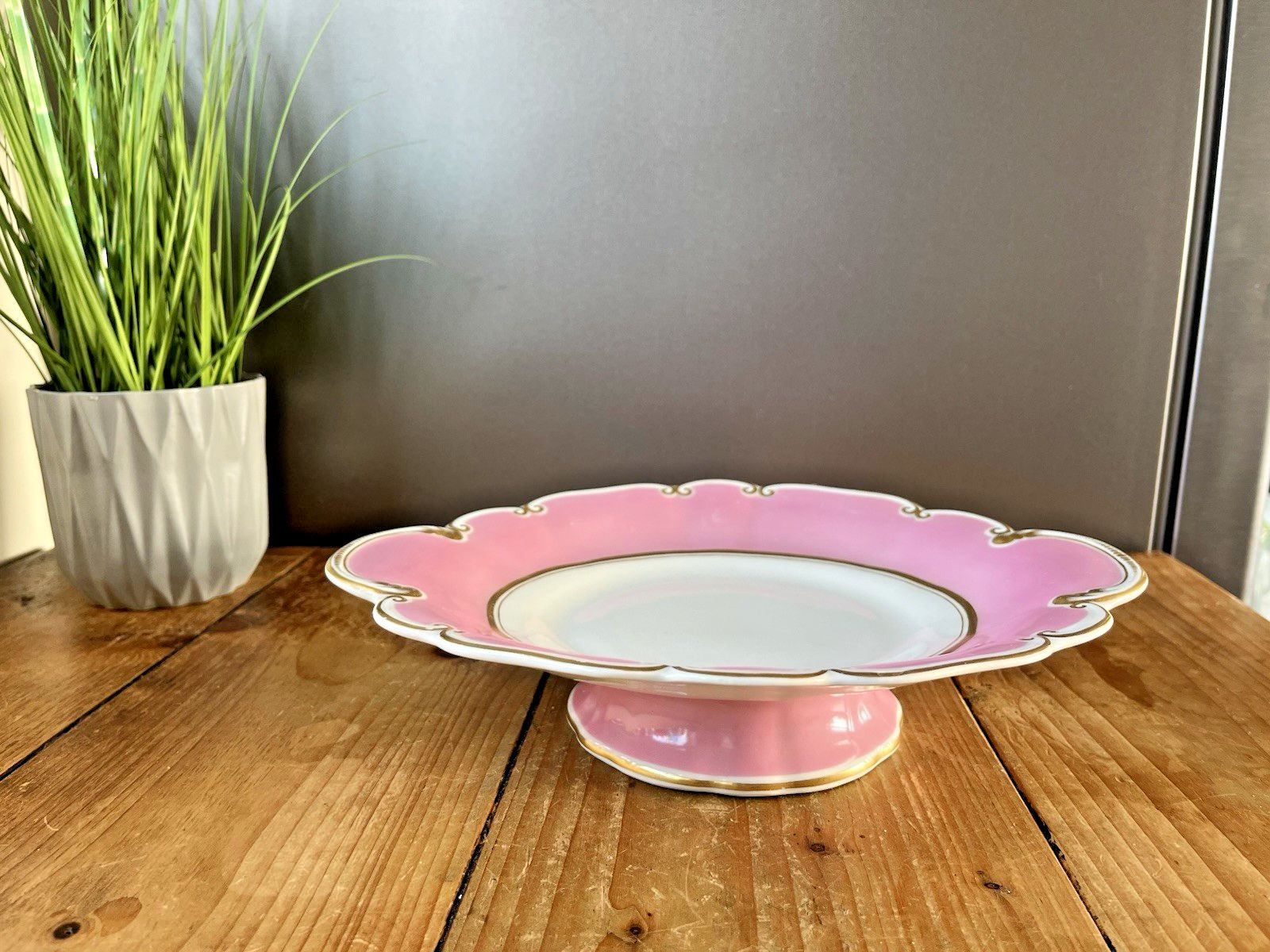 Antique 19th C George Grainger Worcester Porcelain Pink Gilded Tazza Cake Stand