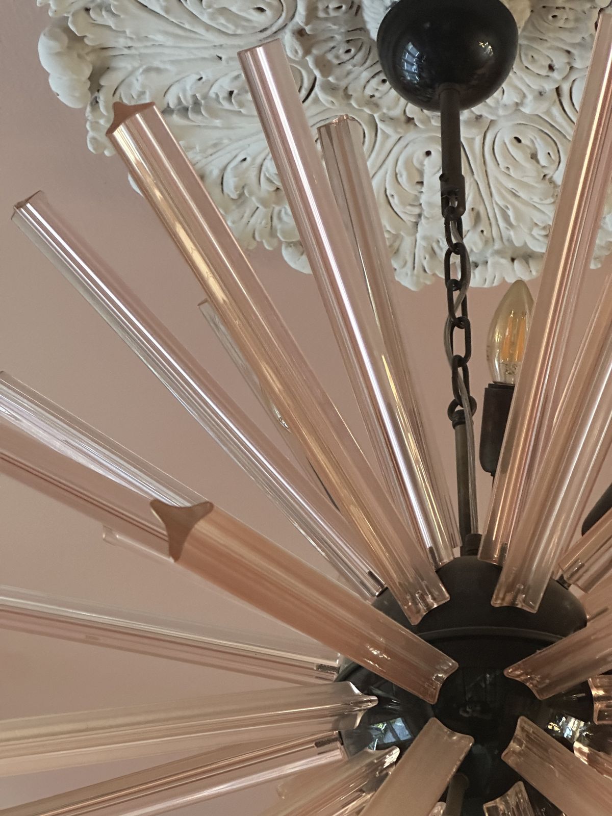 Italian Sputnik Chandelier With 50 Pink Glass Prisms photo furniture