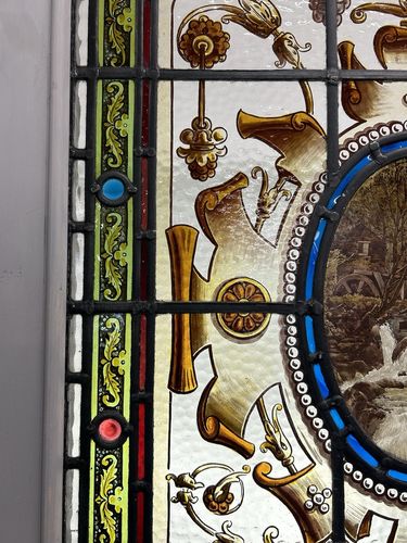 Home Fixtures Rare Victorian Hand Painted Stained Glass Front Door Antique Reclaimed Refurb photo