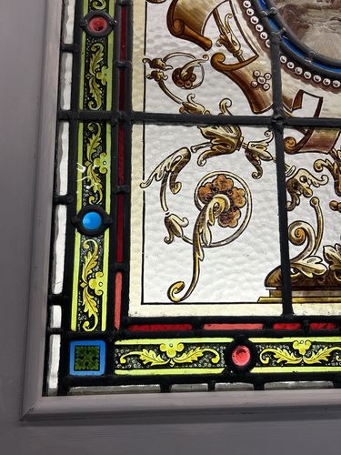 5015.0 Rare Victorian Hand Painted Stained Glass Front Door Antique Reclaimed Refurb photo