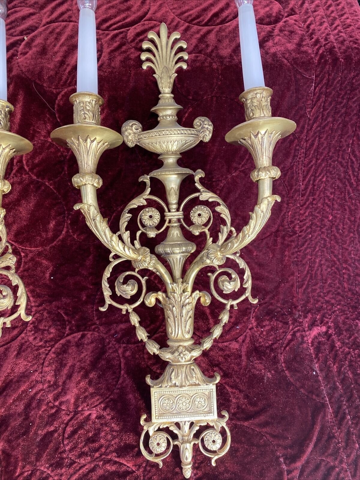 photo for sale Set 3 Large Antique Gold Gilt Brass Wall Sconces Lights Louis XV 19th Century