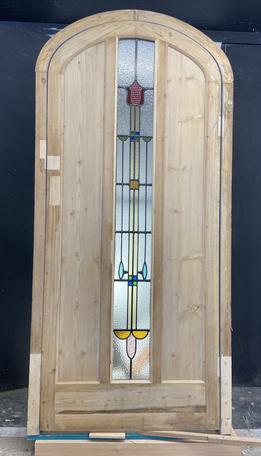 1 Stained Glass Front Door Wooden Reclaimed Old Antique Lead Arched Wood Frame photo vintage