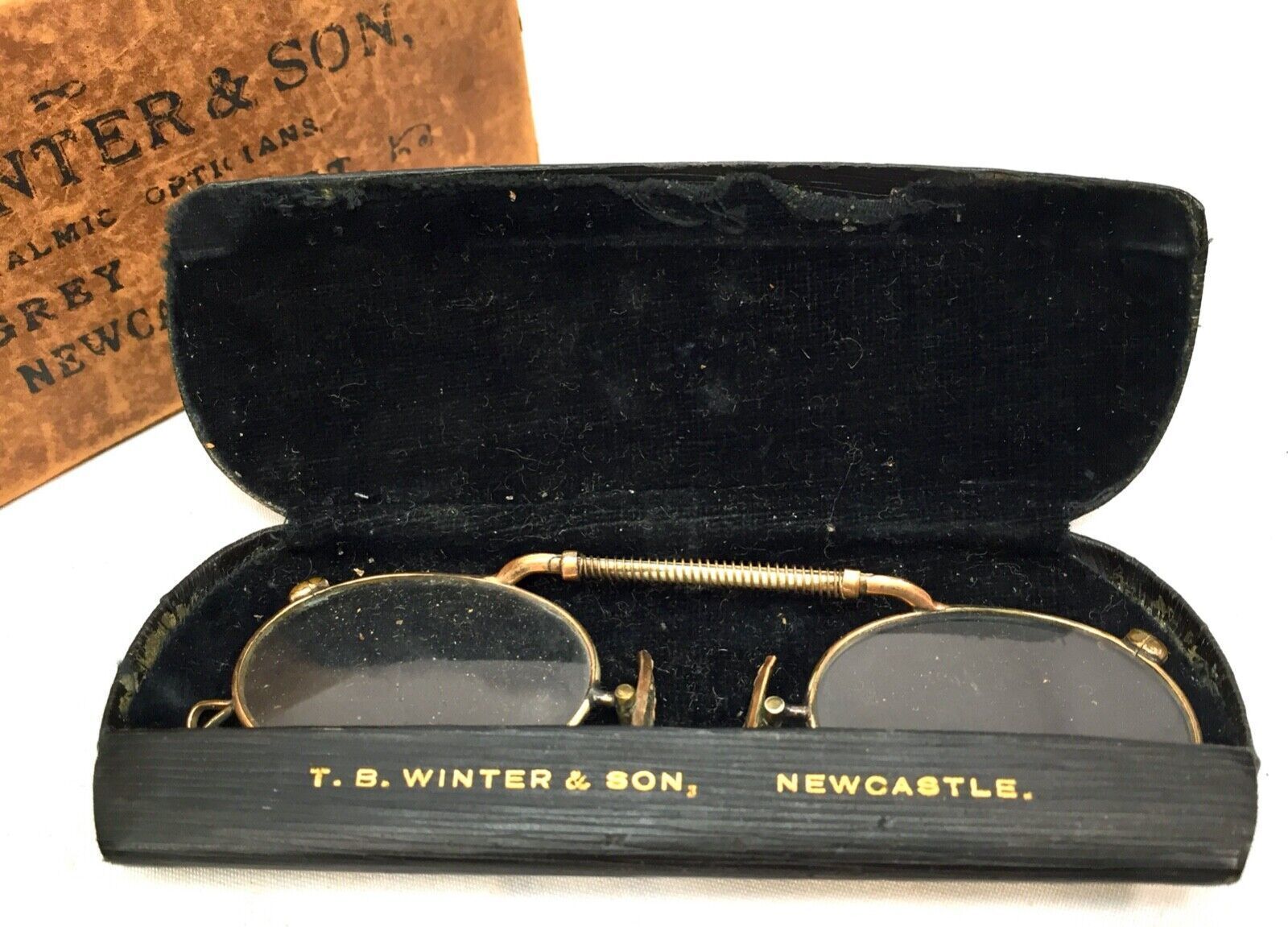 Antique Pinz Nez Glasses By T.B Winter Of Newcastle On Tyne / Boxed & Case photo vinterior