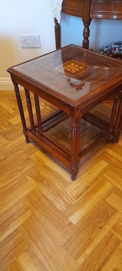 Nest Of 3 Pakistani Marquetry Carved Fretwork Wooden Side Coffee Lamp Tables Glass Top photo vinterior