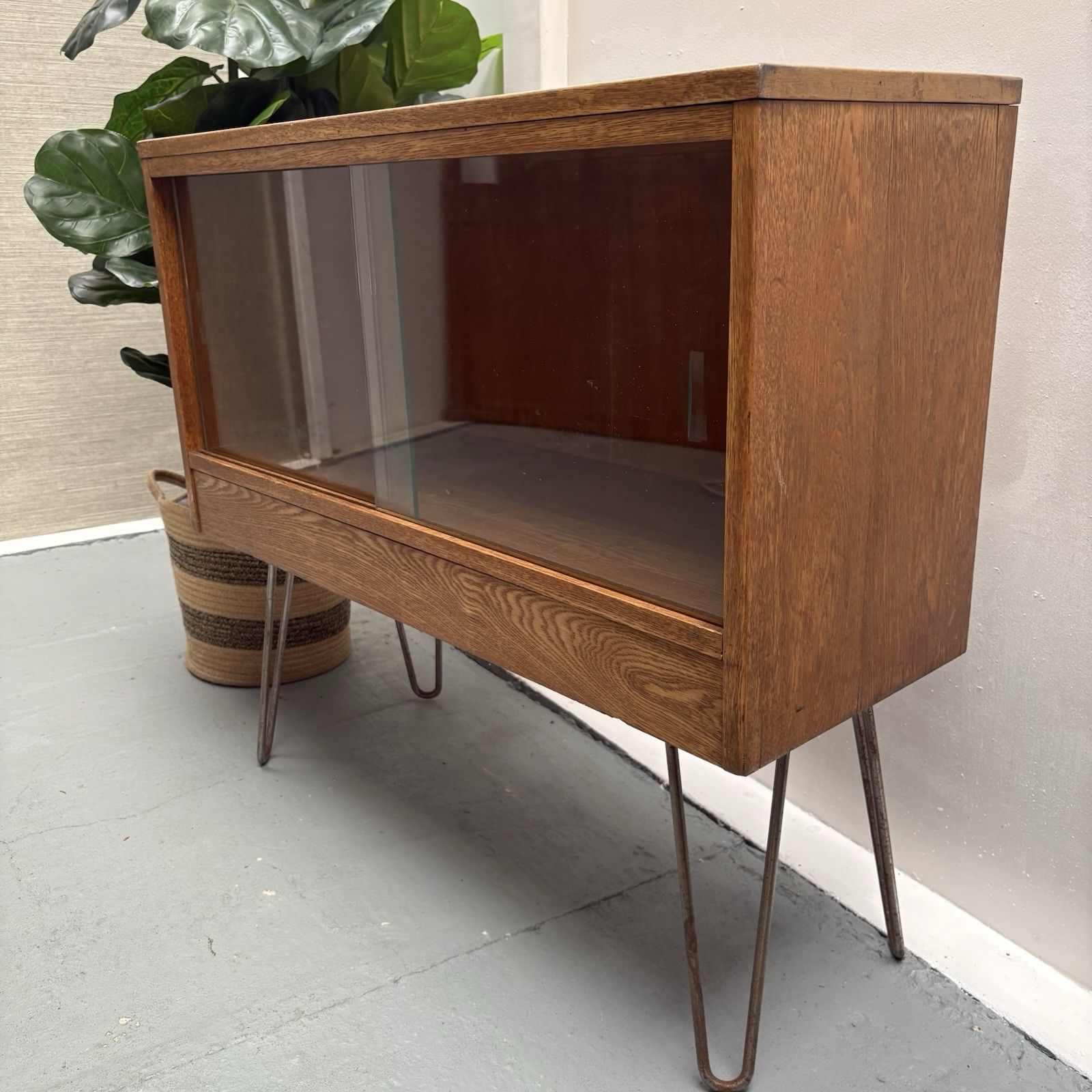 Original Vintage Oak Display Cabinet 1960 On Hairpin Legs photo Furniture