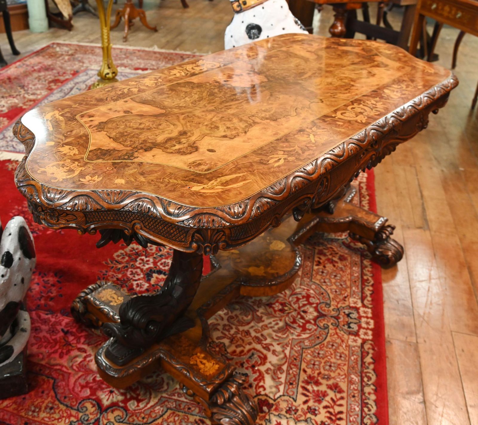 Carved Italian Hall Table Walnut Inlay Sea Serpent Base 1860 photo 8500.0