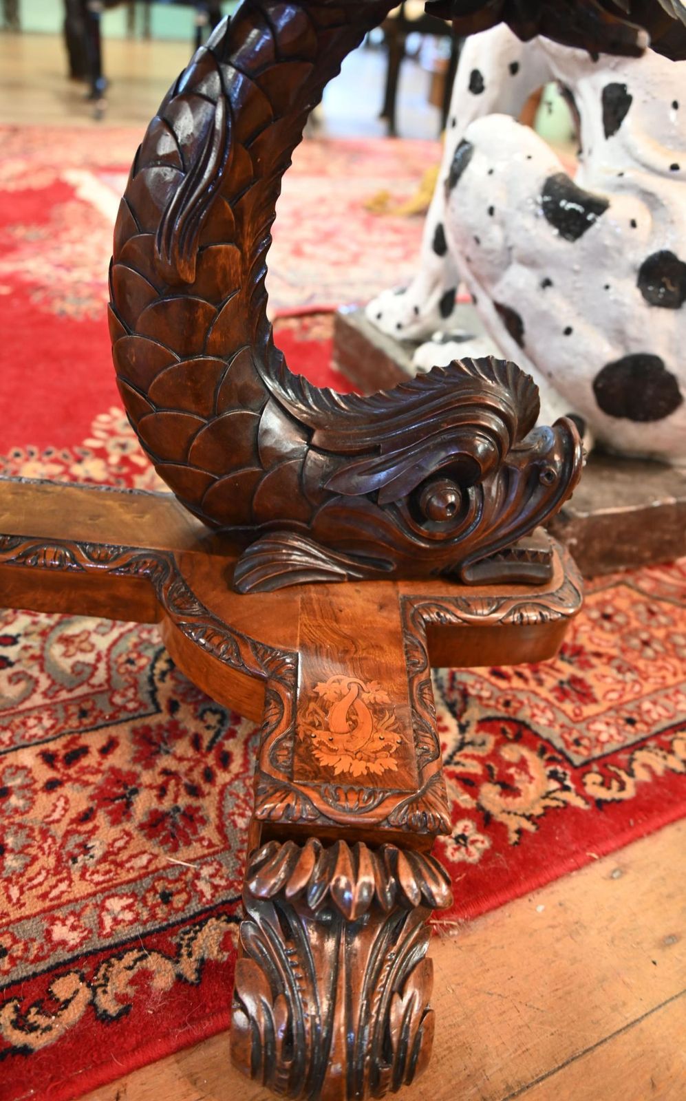 Carved Italian Hall Table Walnut Inlay Sea Serpent Base 1860 photo vinterior