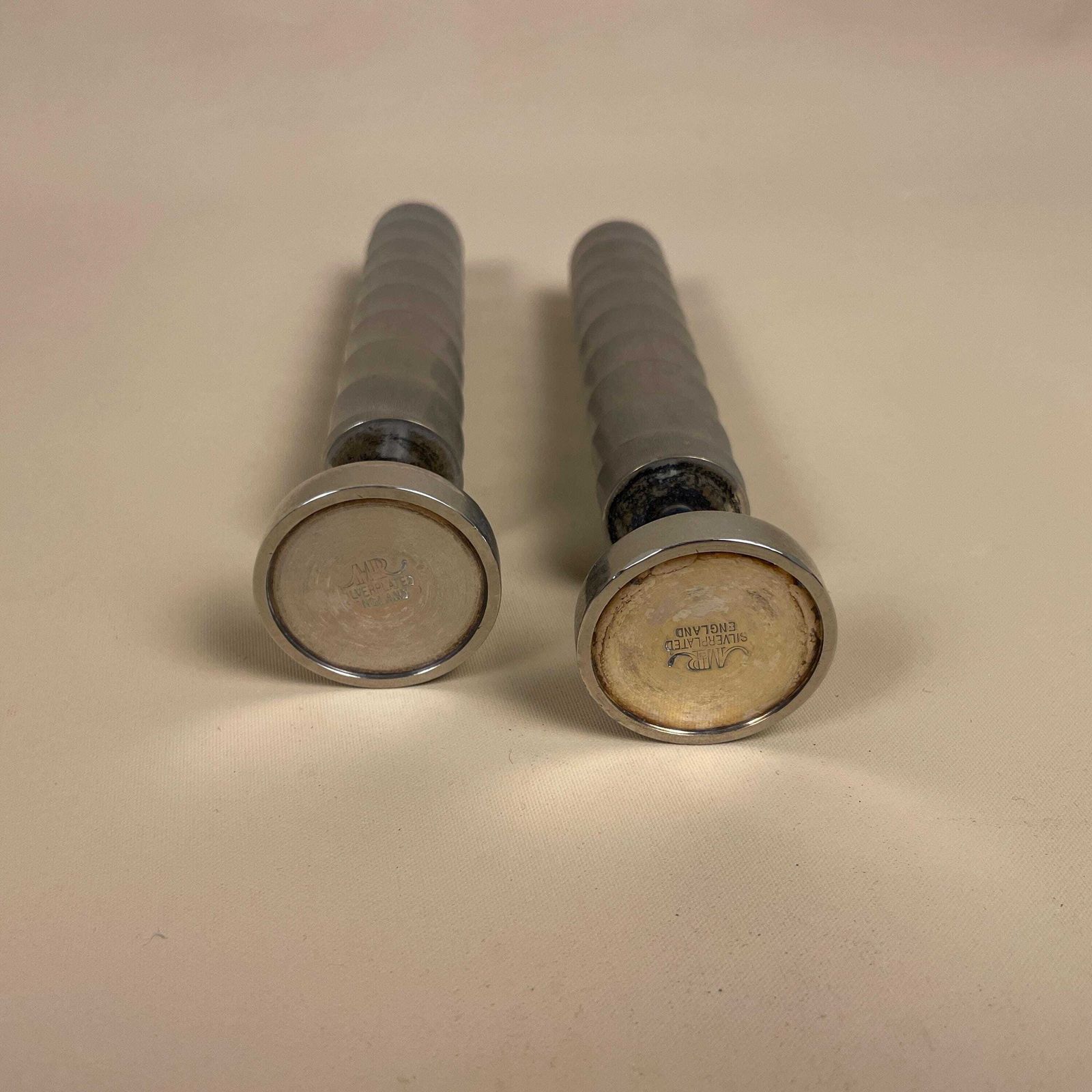 Antique Matching Pair Of Silver Plated Metal Candlestick Candle Stick Vintage Column Taper Dinner Candlesticks Twisted Twist Round Base photo buy