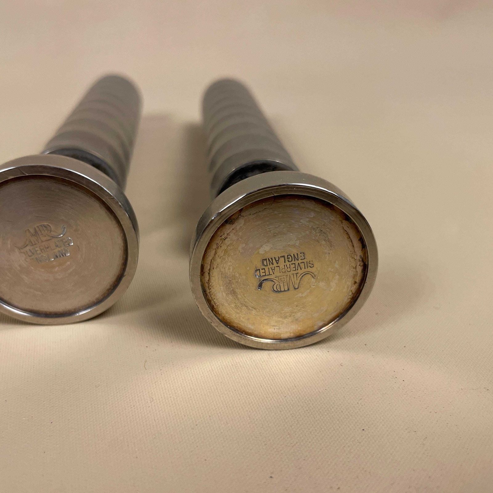 Antique Matching Pair Of Silver Plated Metal Candlestick Candle Stick Vintage Column Taper Dinner Candlesticks Twisted Twist Round Base photo vintage
