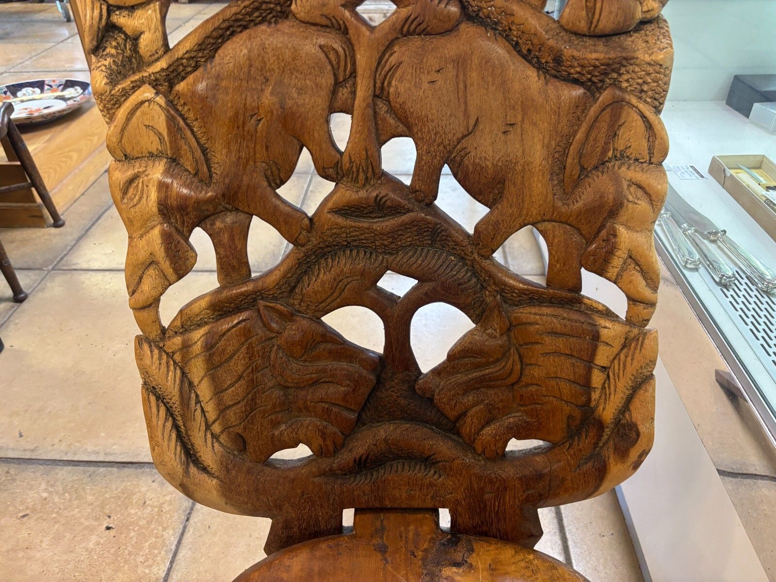 Antique African Carved Tribal Wooden Chief/ Birthing Chair photo vinterior