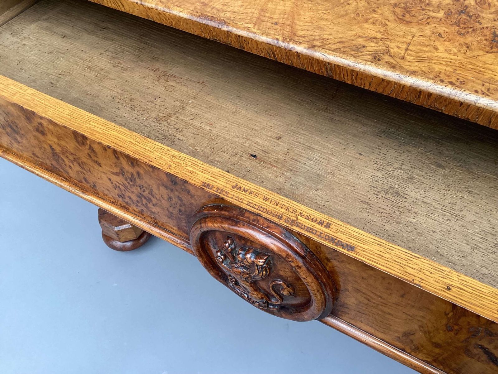 Good Mid C19th Burr And Pollard Oak Centre Table; James Winter & Sons, London photo vinterior