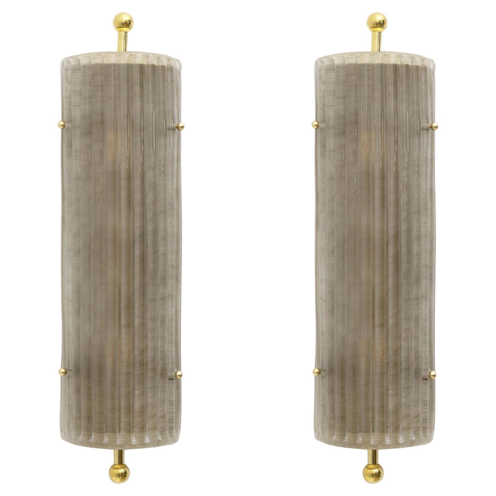 Pair Of Art Deco Style Smoked Murano Glass And Brass Sconces