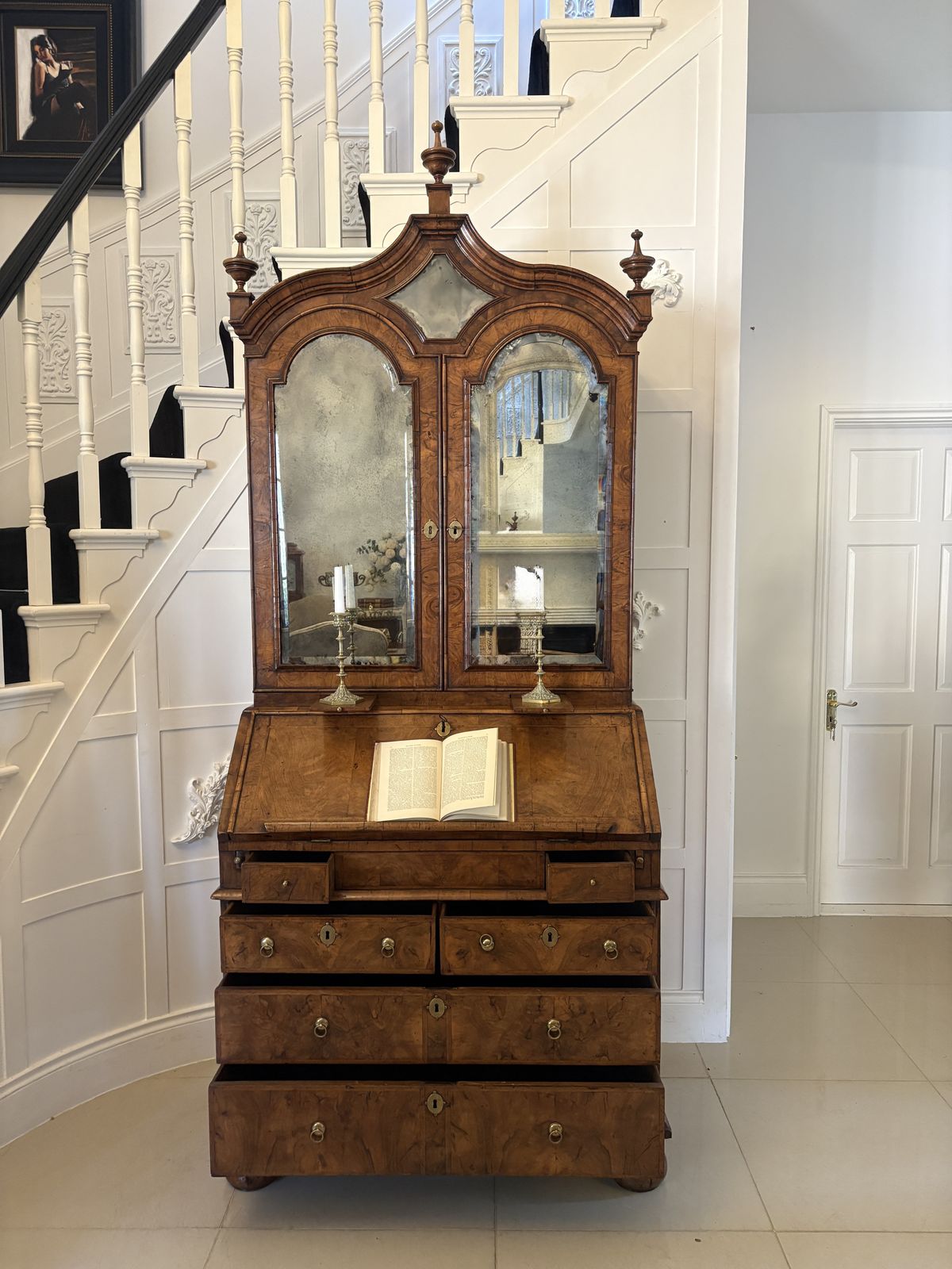 68500.0 Antique Queen Anne Fantastic Quality Burr Walnut And Featherbanded Bureau Bookcase photo