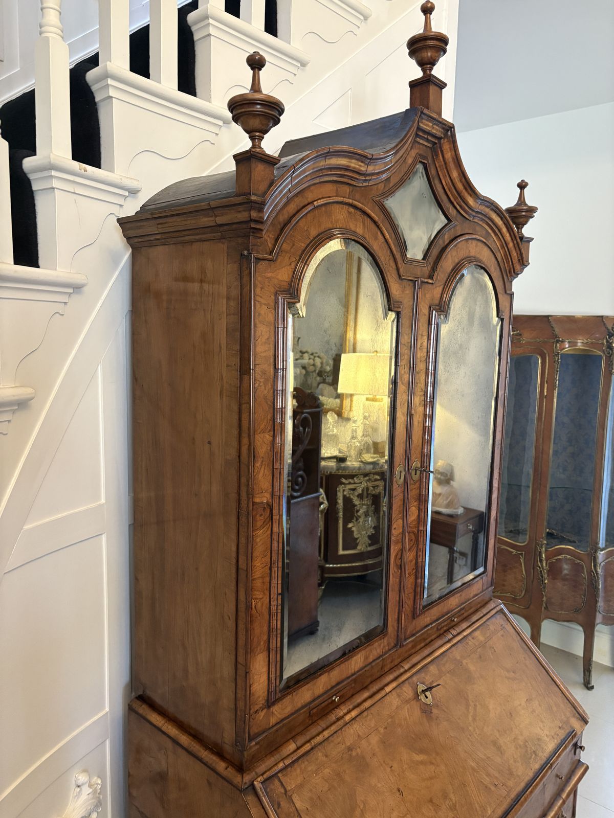 photo buy Antique Queen Anne Fantastic Quality Burr Walnut And Featherbanded Bureau Bookcase
