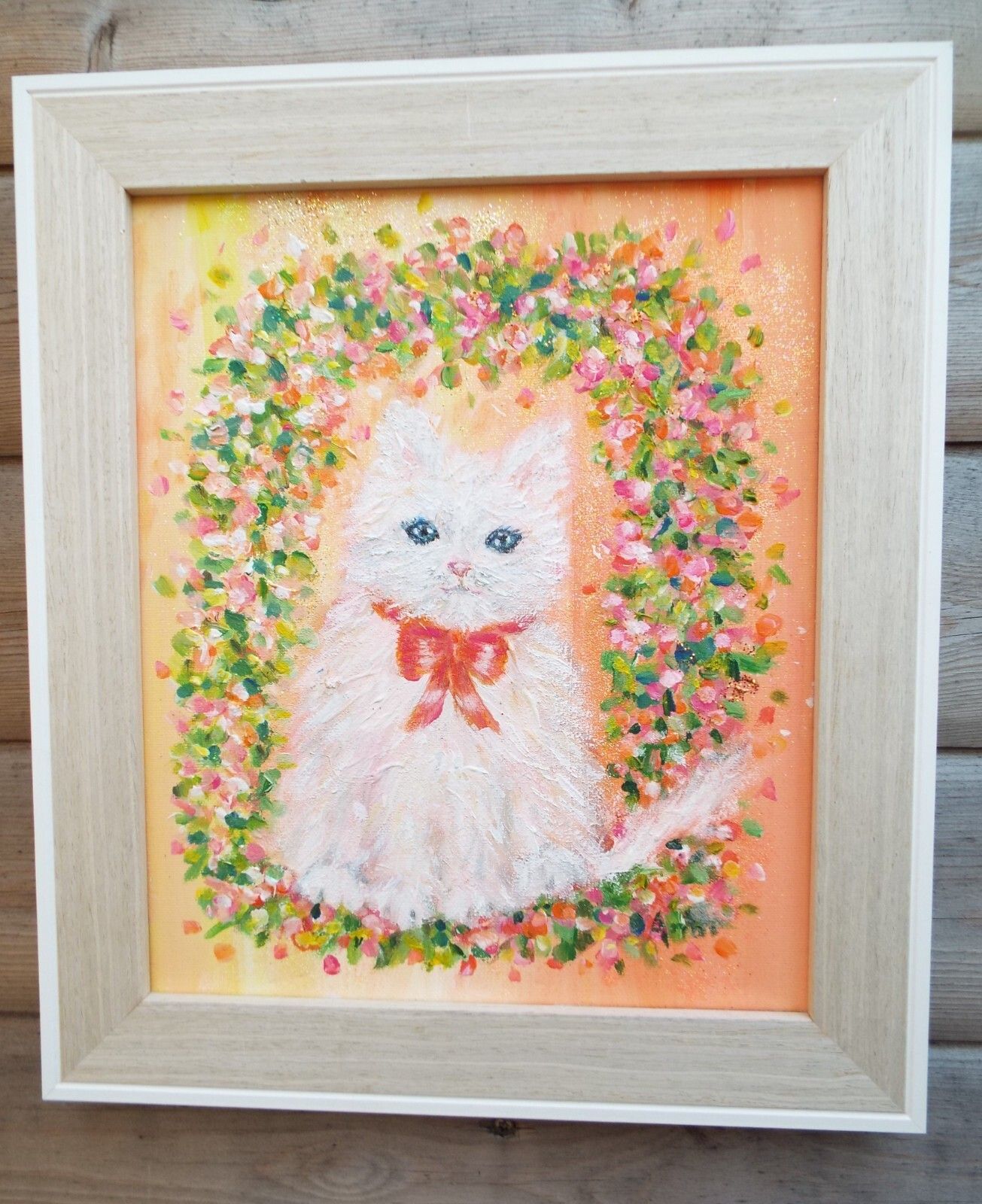 Original Painting Cute White Kitten Cat Under Floral Arch Andi J Lucas