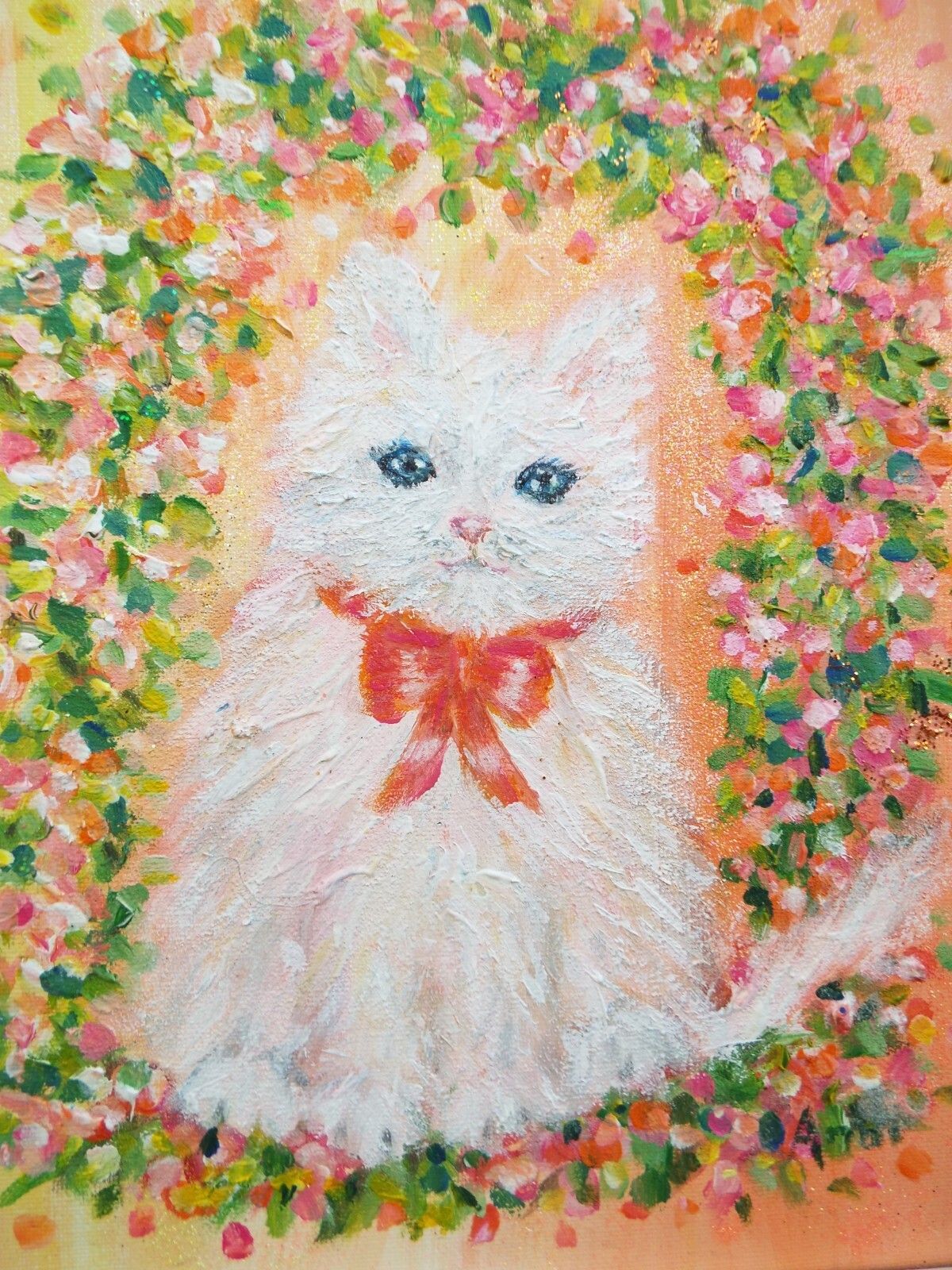 Original Painting Cute White Kitten Cat Under Floral Arch Andi J Lucas photo furniture
